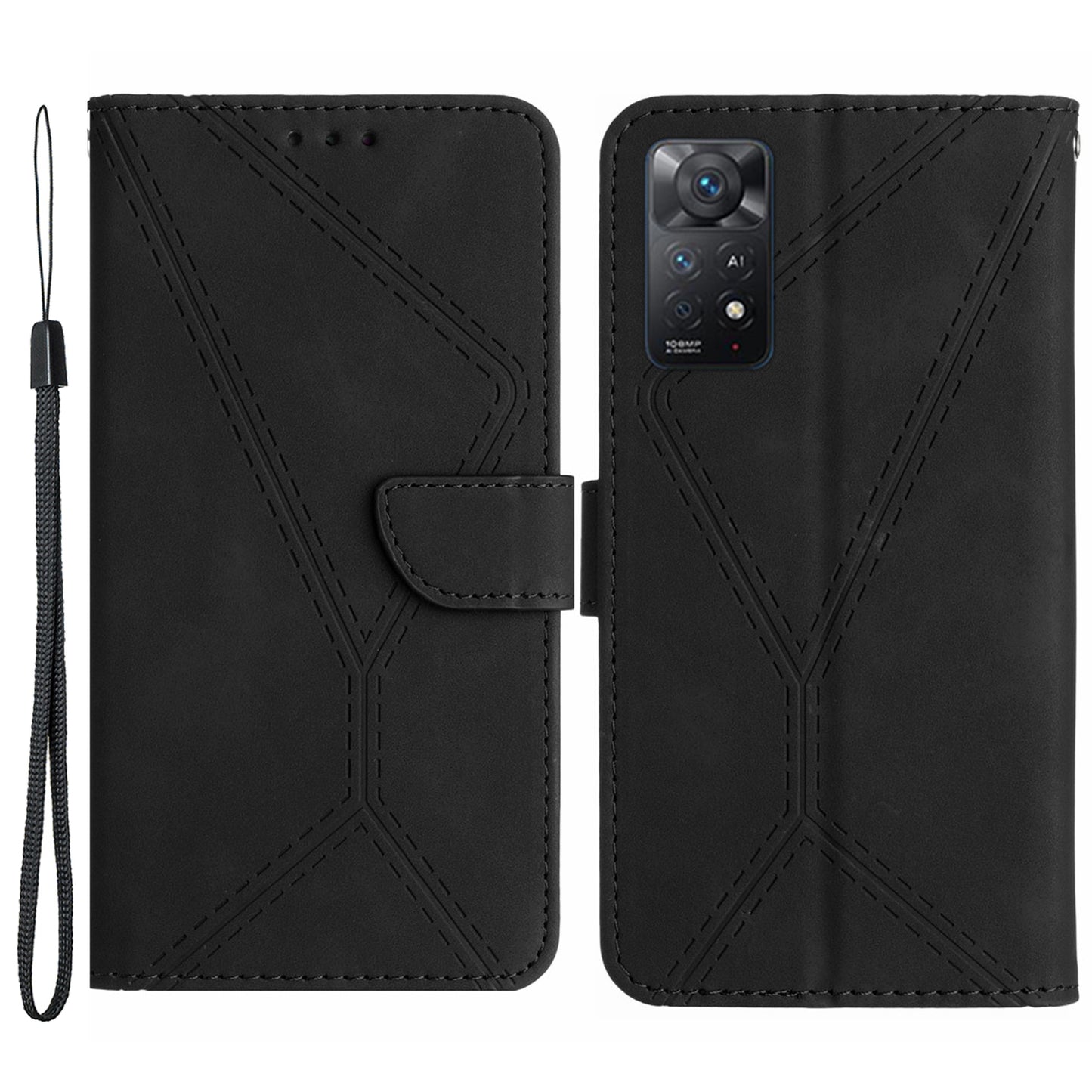 HT05 For Xiaomi Redmi Note 11 4G (Qualcomm) / Note 11S 4G Imprinted Line Wallet Stand Skin-touch PU Leather Phone Cover
