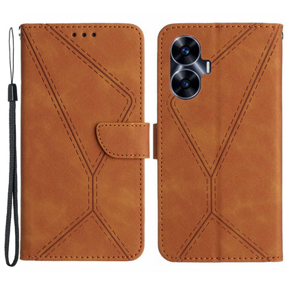 HT05 Phone Case for Realme C55 Imprinted Line Wallet Stand Skin-touch PU Leather Cover