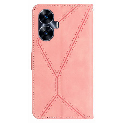 HT05 Phone Case for Realme C55 Imprinted Line Wallet Stand Skin-touch PU Leather Cover