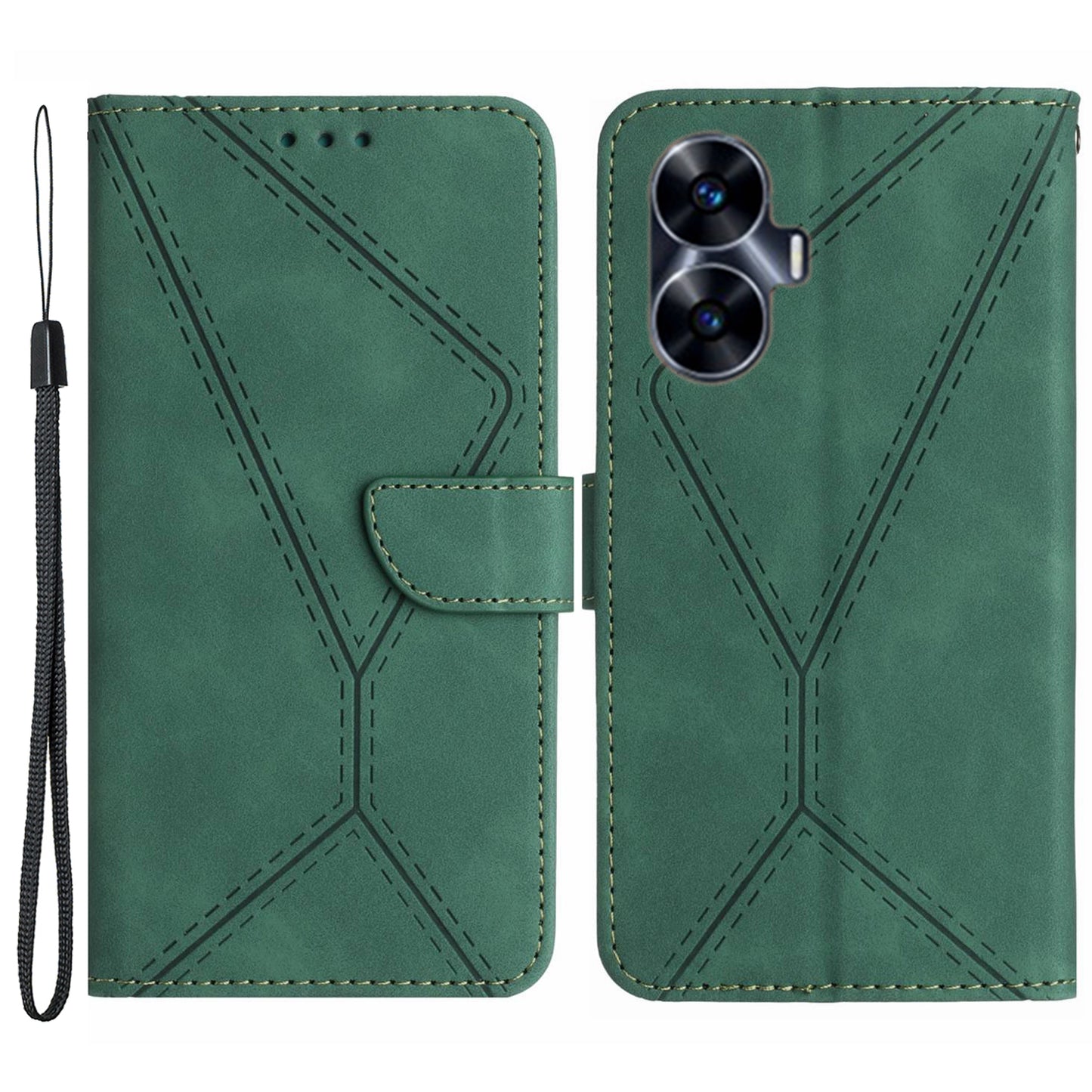 HT05 Phone Case for Realme C55 Imprinted Line Wallet Stand Skin-touch PU Leather Cover