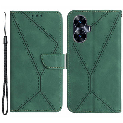 HT05 Phone Case for Realme C55 Imprinted Line Wallet Stand Skin-touch PU Leather Cover