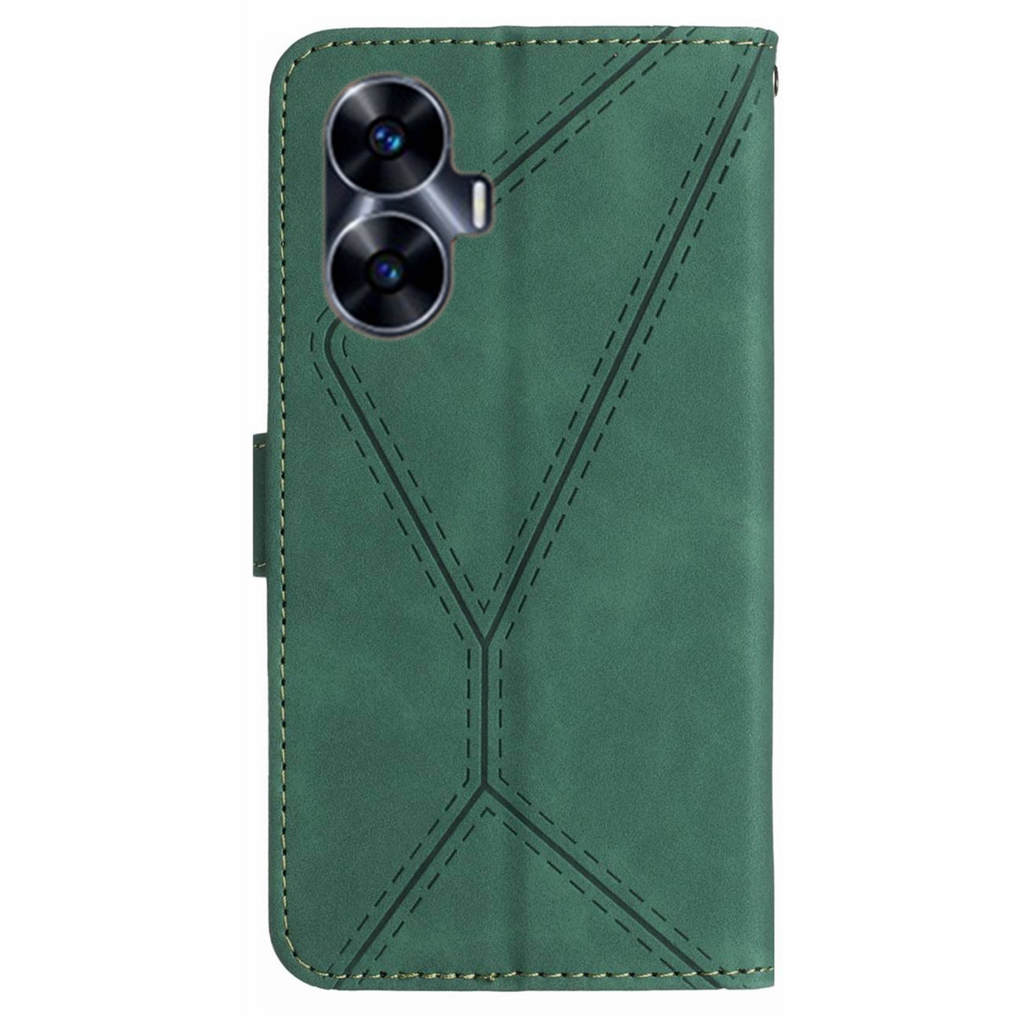 HT05 Phone Case for Realme C55 Imprinted Line Wallet Stand Skin-touch PU Leather Cover