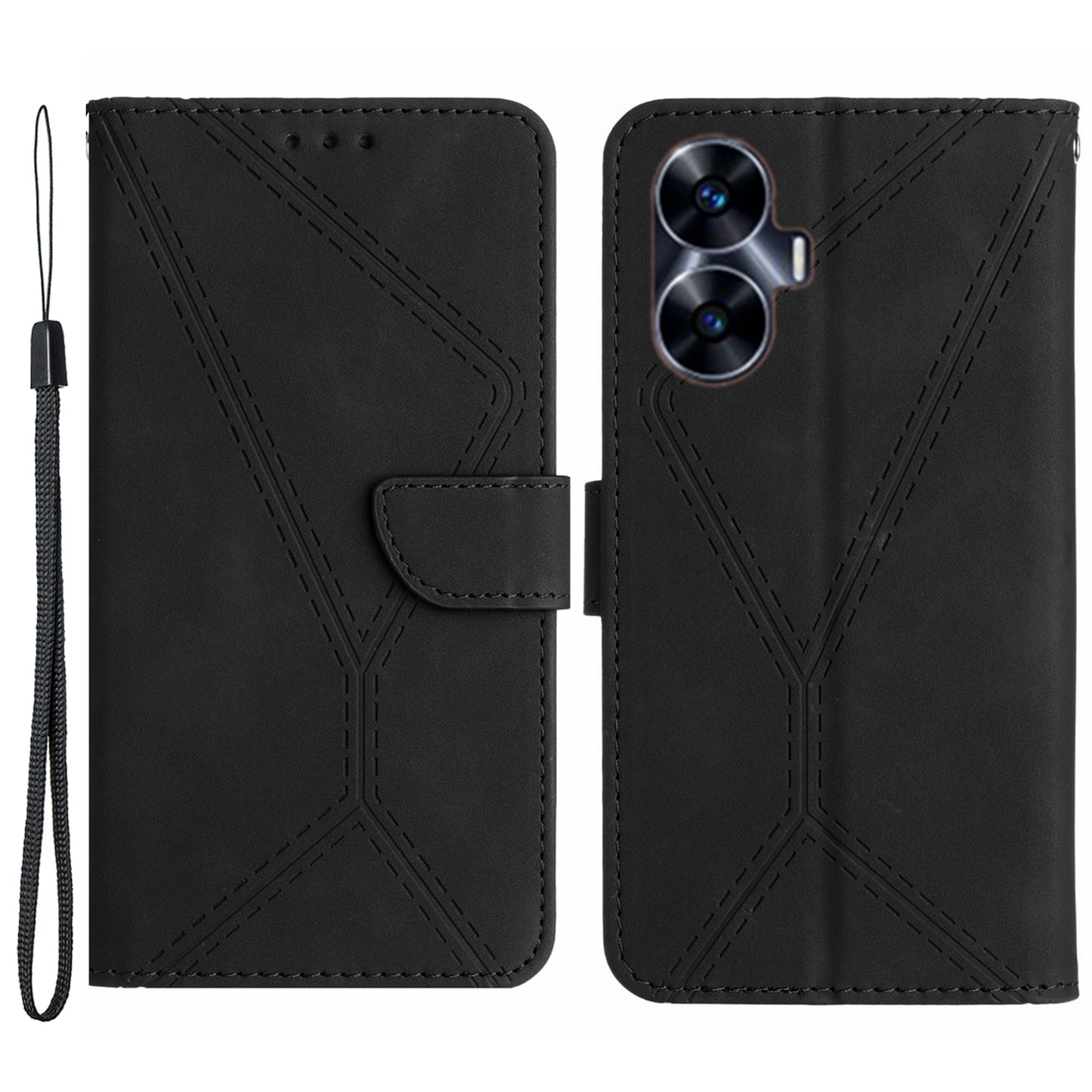 HT05 Phone Case for Realme C55 Imprinted Line Wallet Stand Skin-touch PU Leather Cover