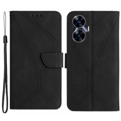 HT05 Phone Case for Realme C55 Imprinted Line Wallet Stand Skin-touch PU Leather Cover