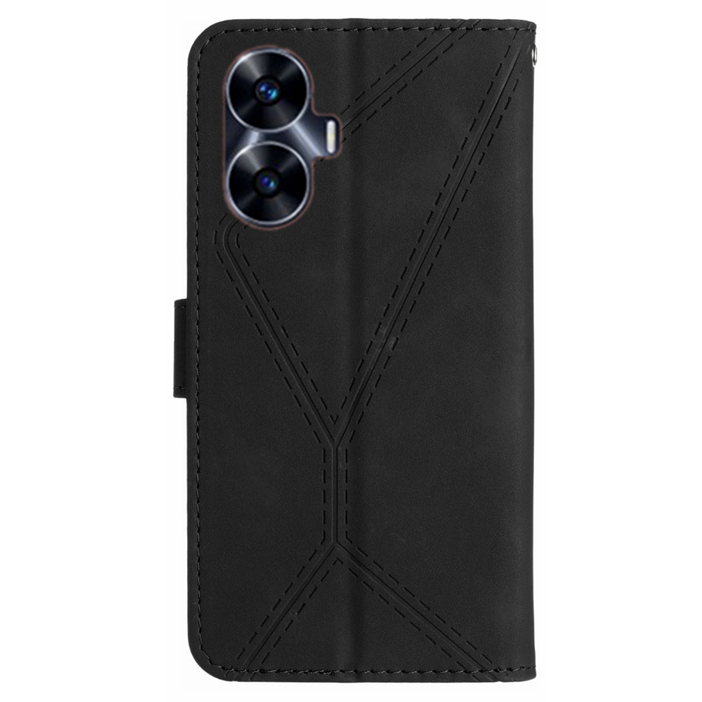 HT05 Phone Case for Realme C55 Imprinted Line Wallet Stand Skin-touch PU Leather Cover
