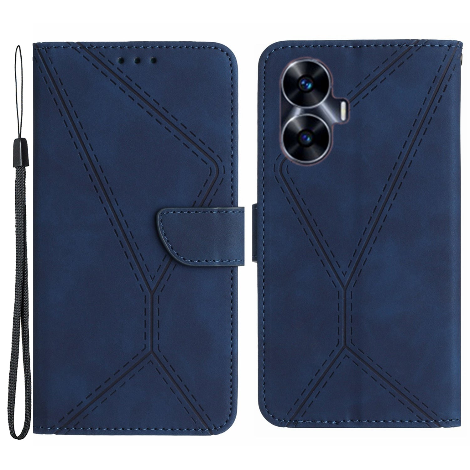 HT05 Phone Case for Realme C55 Imprinted Line Wallet Stand Skin-touch PU Leather Cover