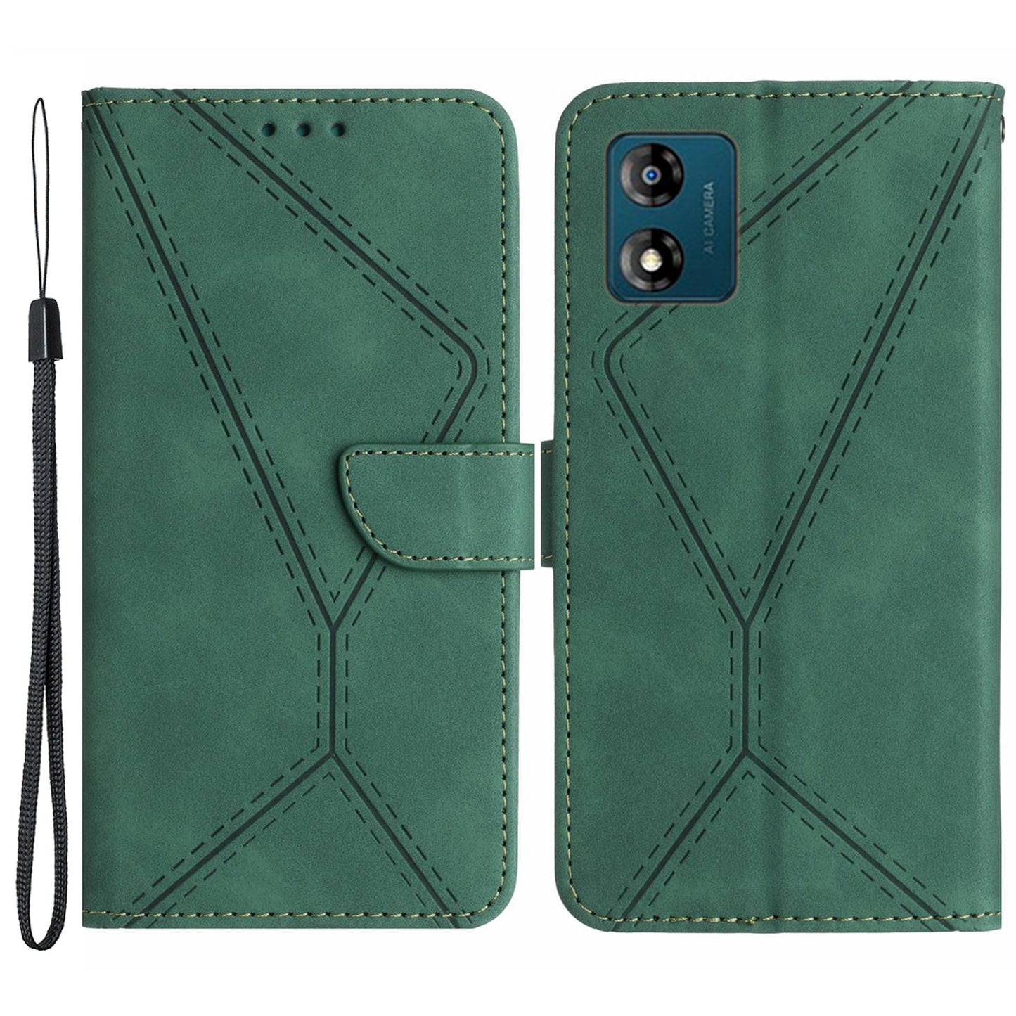 HT05 For Motorola Moto E13 4G PU Leather Flip Cover Imprinted Line Skin-touch Stand Wallet Phone Case