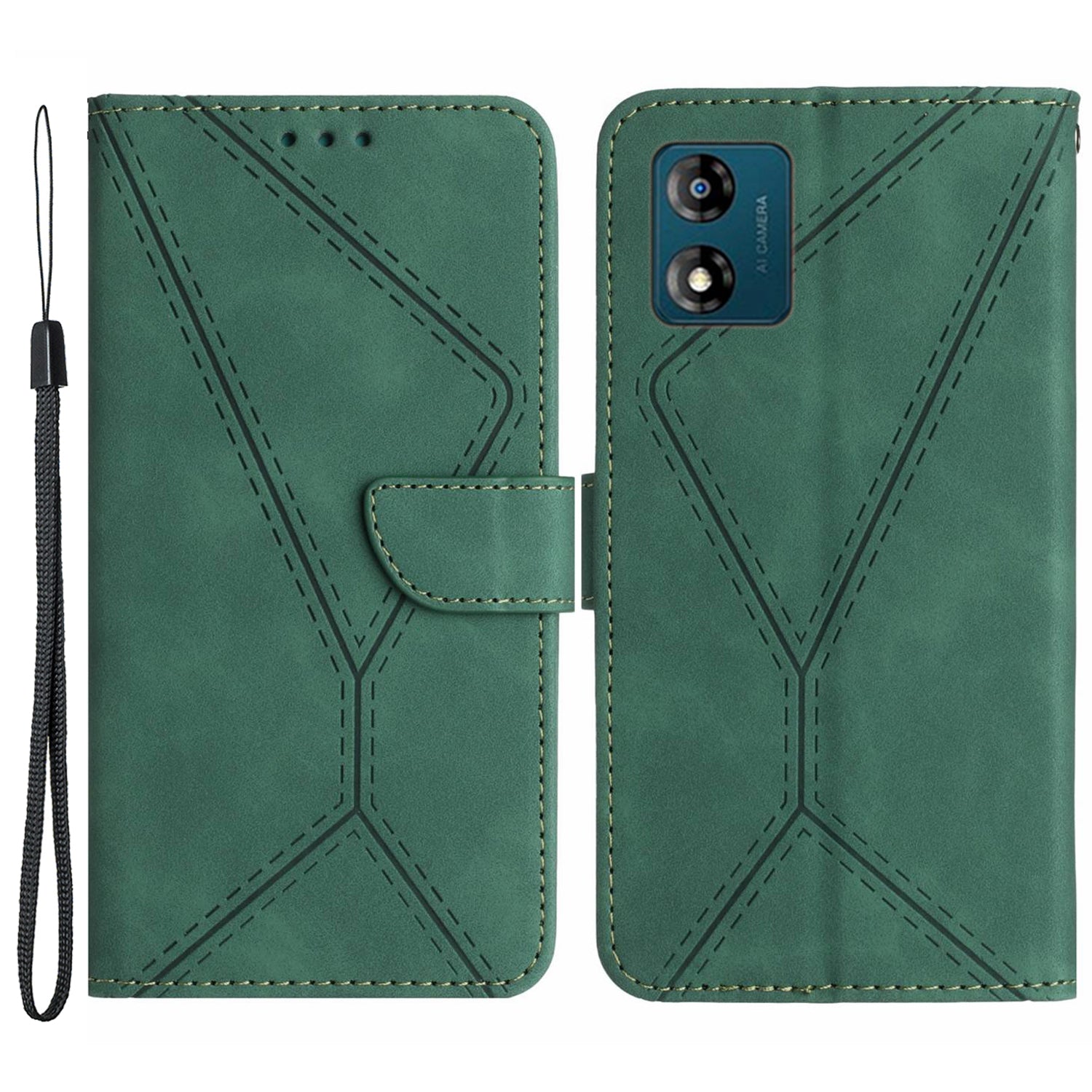 HT05 For Motorola Moto E13 4G PU Leather Flip Cover Imprinted Line Skin-touch Stand Wallet Phone Case
