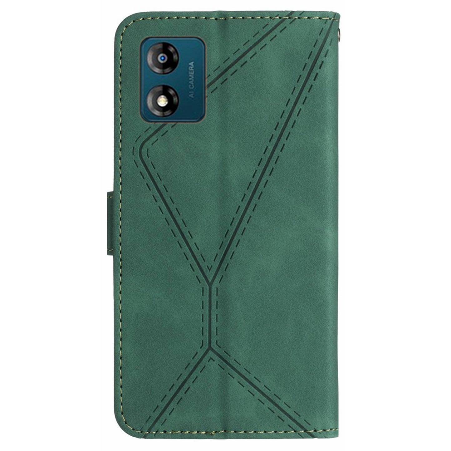 HT05 For Motorola Moto E13 4G PU Leather Flip Cover Imprinted Line Skin-touch Stand Wallet Phone Case
