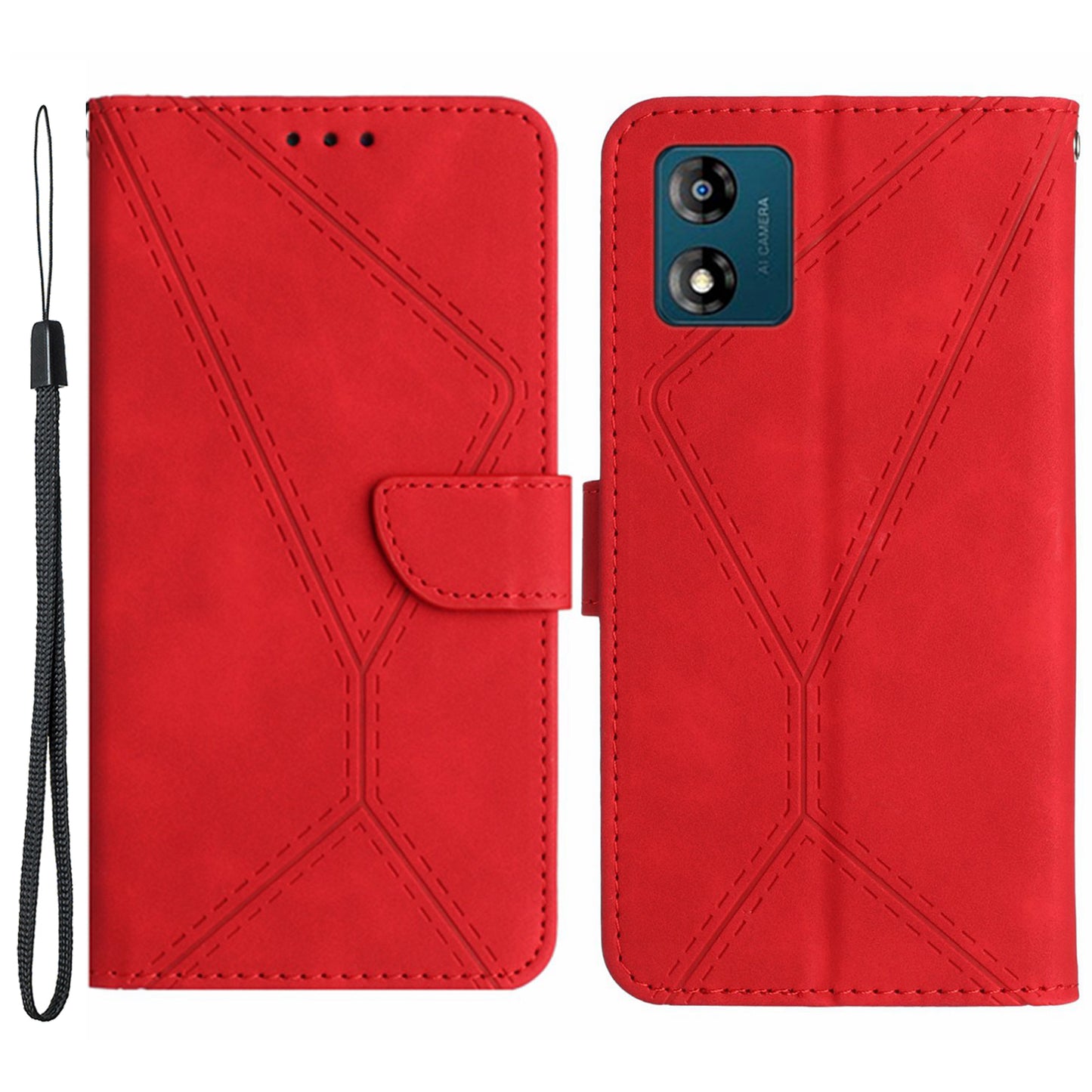 HT05 For Motorola Moto E13 4G PU Leather Flip Cover Imprinted Line Skin-touch Stand Wallet Phone Case