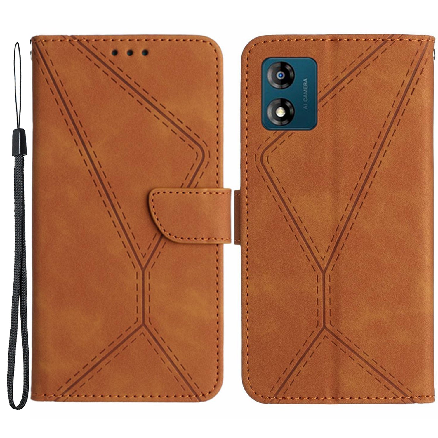 HT05 For Motorola Moto E13 4G PU Leather Flip Cover Imprinted Line Skin-touch Stand Wallet Phone Case