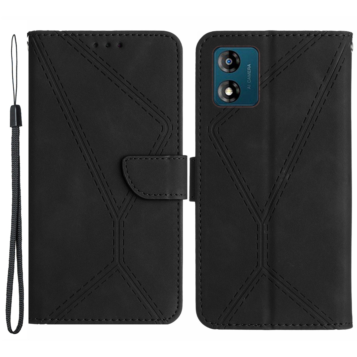 HT05 For Motorola Moto E13 4G PU Leather Flip Cover Imprinted Line Skin-touch Stand Wallet Phone Case