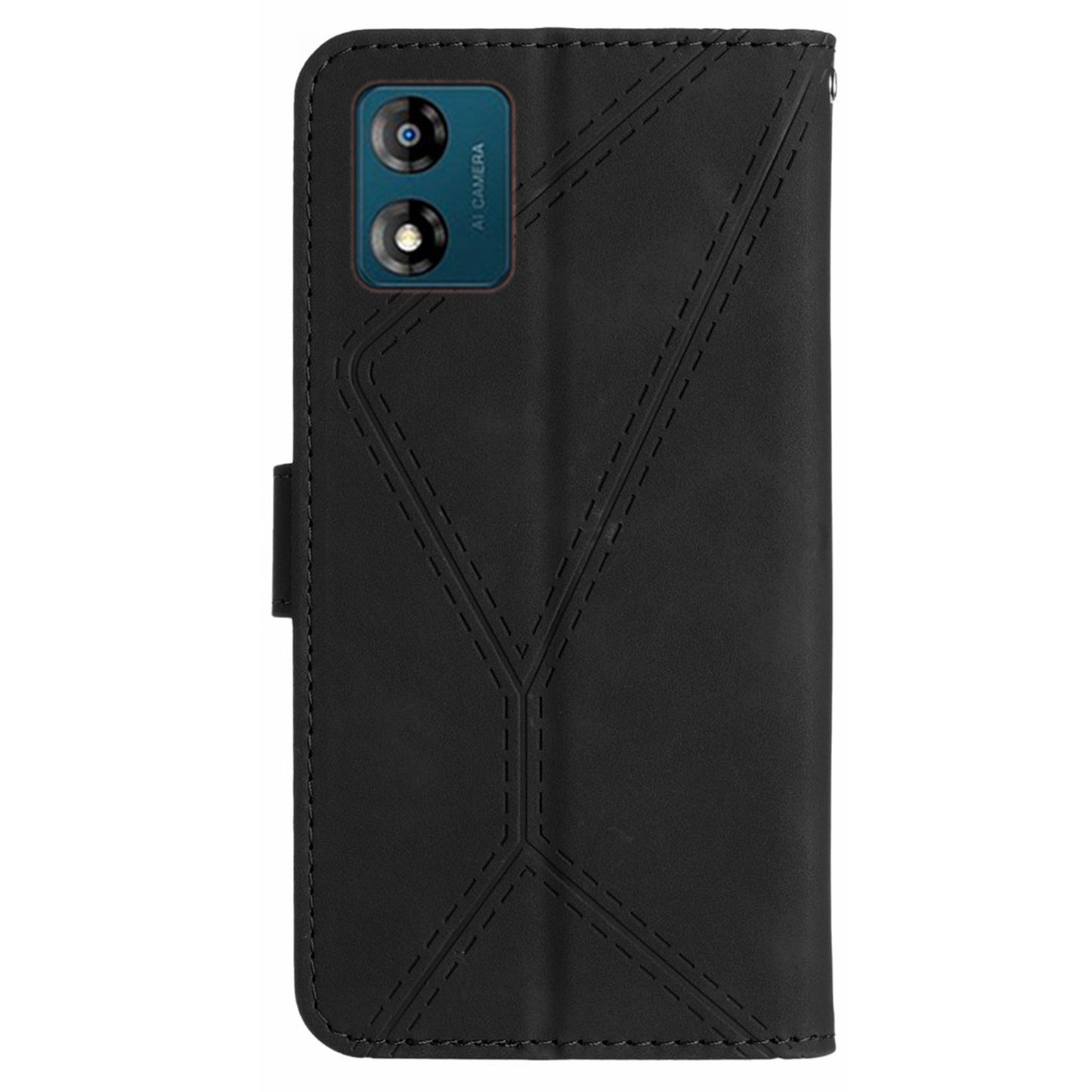 HT05 For Motorola Moto E13 4G PU Leather Flip Cover Imprinted Line Skin-touch Stand Wallet Phone Case