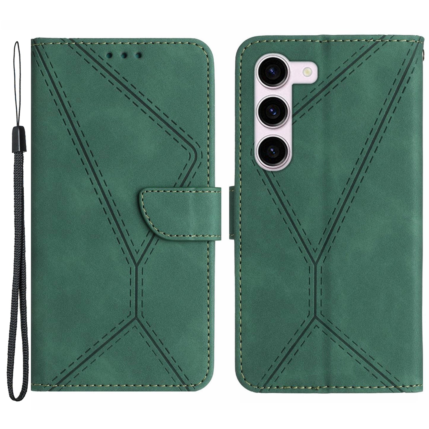 HT05 For Samsung Galaxy S23+ PU Leather Skin-touch Phone Case Wallet Imprinted Line Flip Stand Cover