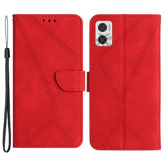 HT05 Phone Case Wallet for Motorola Moto E22 4G / E22i 4G , PU Leather Skin-touch Imprinted Line Stand Cover