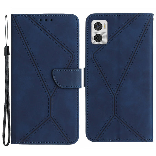 HT05 Phone Case Wallet for Motorola Moto E22 4G / E22i 4G , PU Leather Skin-touch Imprinted Line Stand Cover