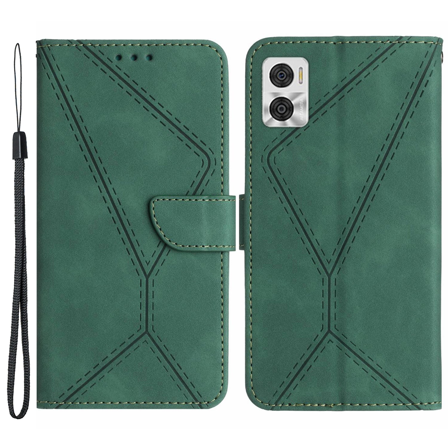 HT05 Phone Case Wallet for Motorola Moto E22 4G / E22i 4G , PU Leather Skin-touch Imprinted Line Stand Cover