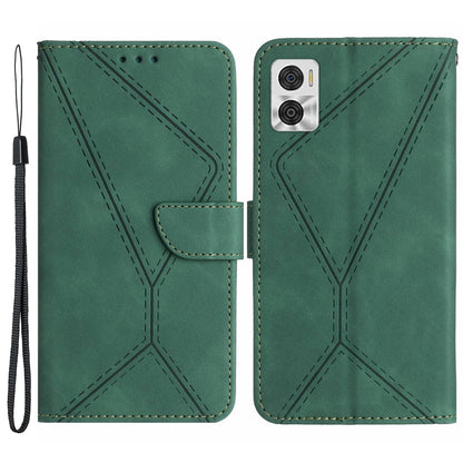 HT05 Phone Case Wallet for Motorola Moto E22 4G / E22i 4G , PU Leather Skin-touch Imprinted Line Stand Cover