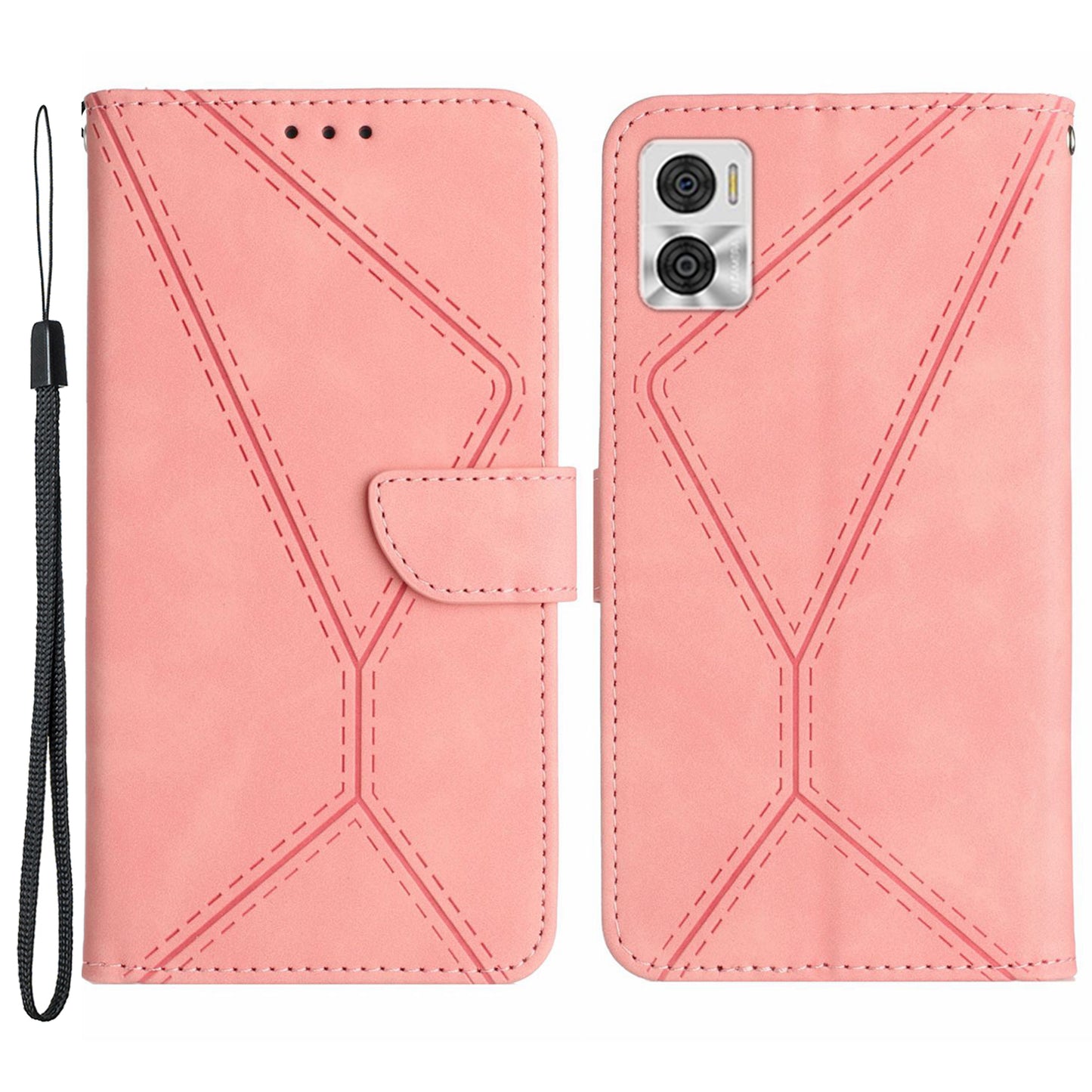 HT05 Phone Case Wallet for Motorola Moto E22 4G / E22i 4G , PU Leather Skin-touch Imprinted Line Stand Cover