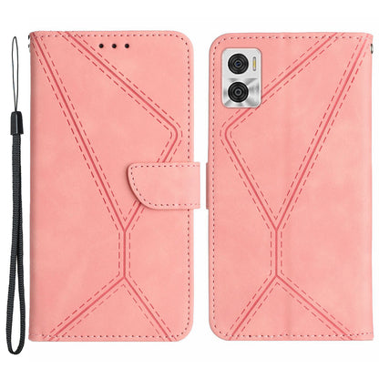 HT05 Phone Case Wallet for Motorola Moto E22 4G / E22i 4G , PU Leather Skin-touch Imprinted Line Stand Cover