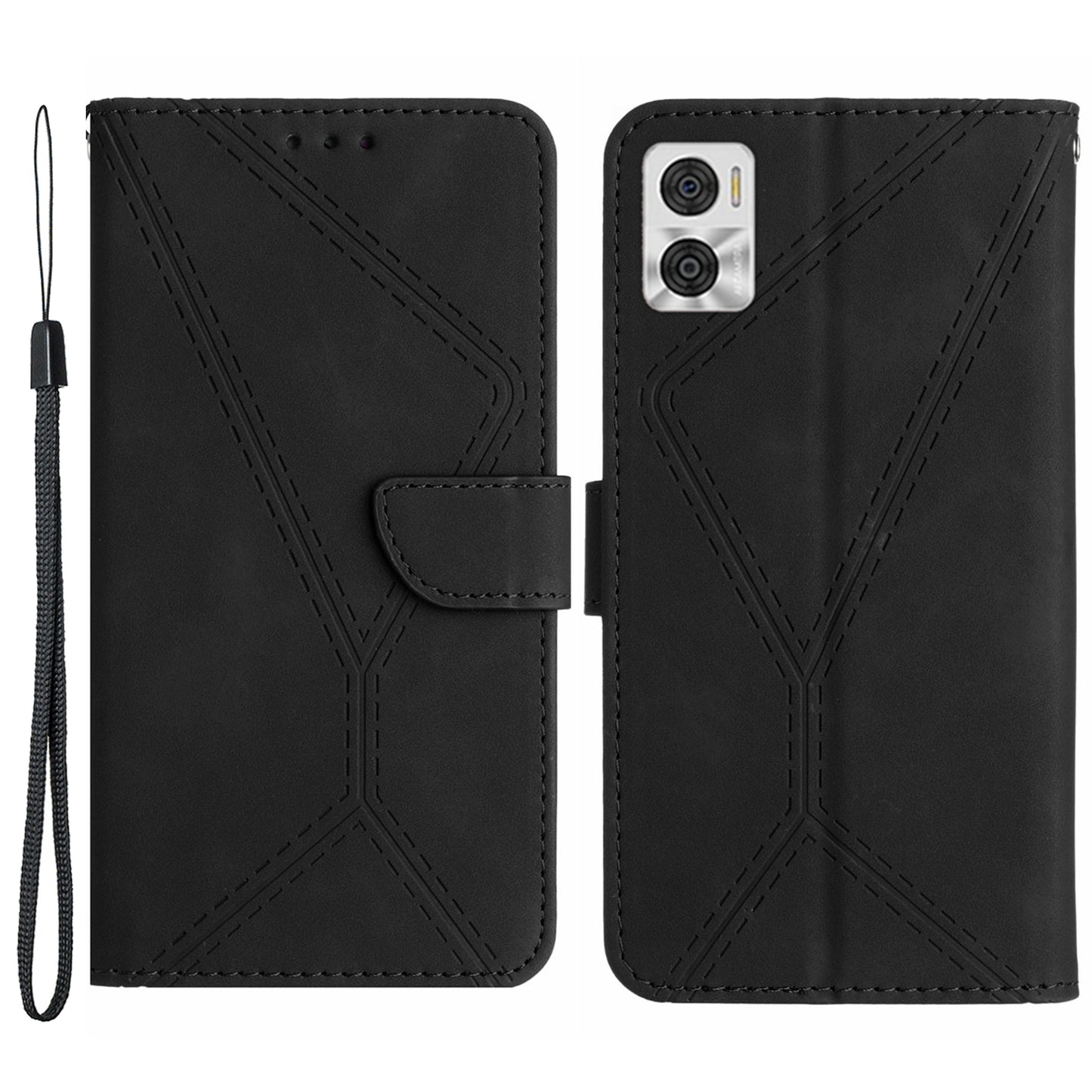 HT05 Phone Case Wallet for Motorola Moto E22 4G / E22i 4G , PU Leather Skin-touch Imprinted Line Stand Cover