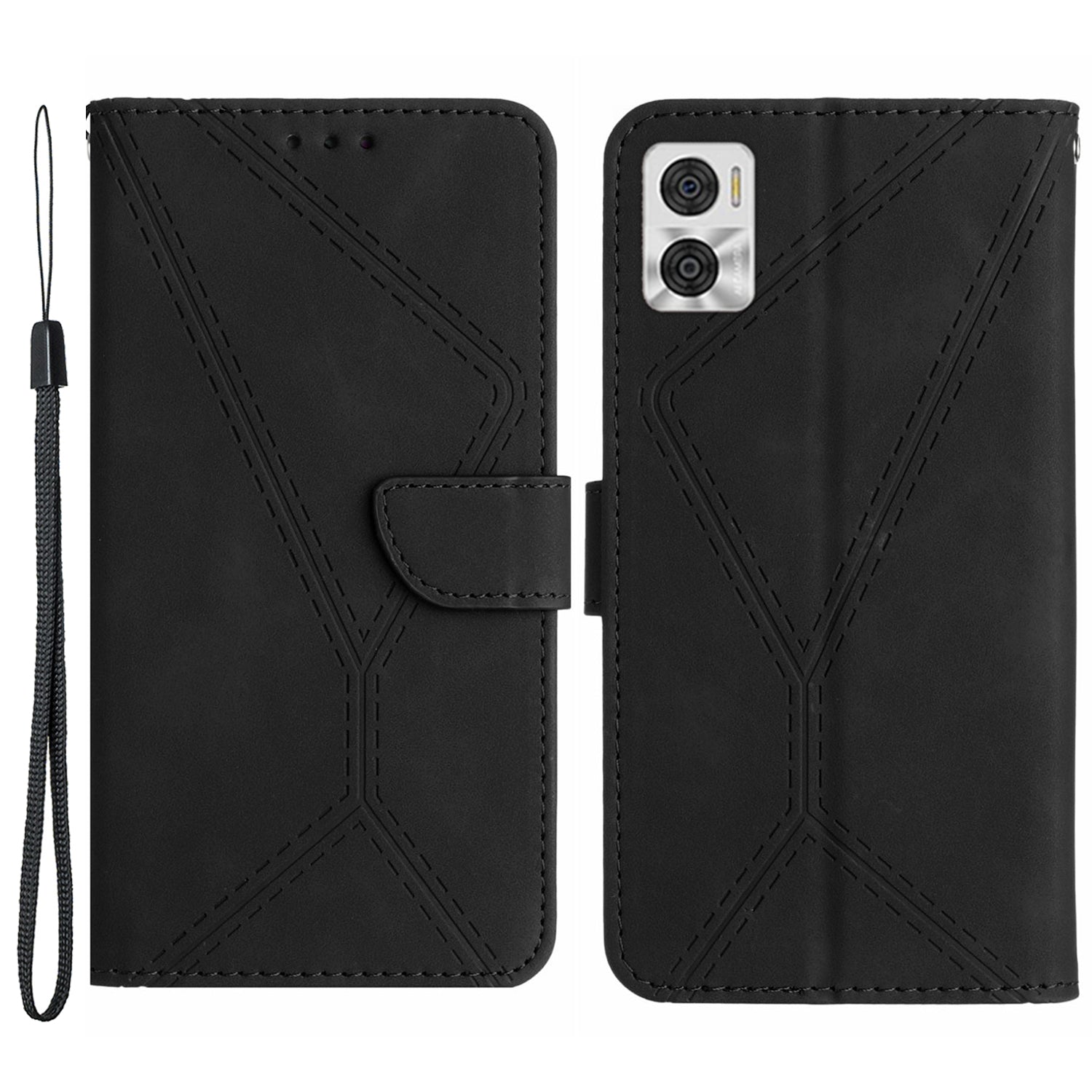 HT05 Phone Case Wallet for Motorola Moto E22 4G / E22i 4G , PU Leather Skin-touch Imprinted Line Stand Cover