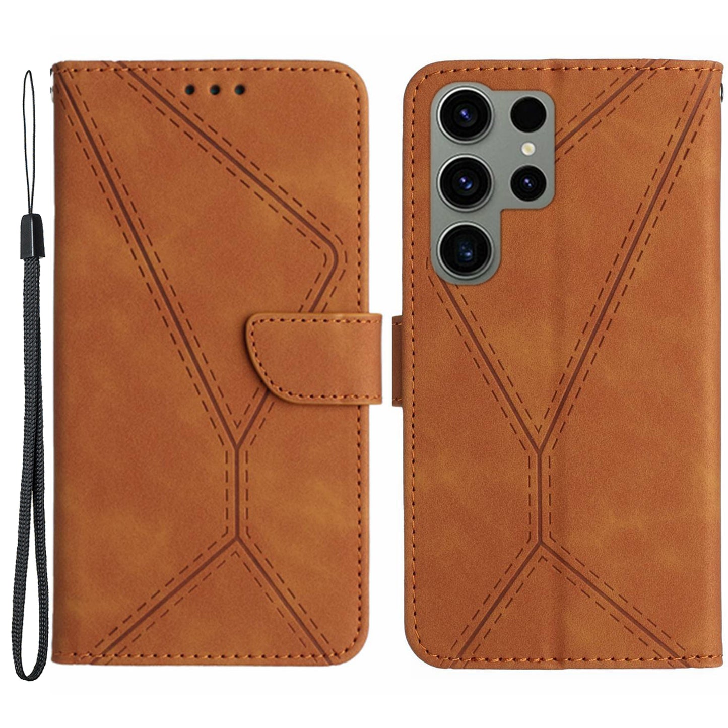 HT05 For Samsung Galaxy S23 Ultra Phone Wallet Case Imprinted Line Leather Stand Phone Cover