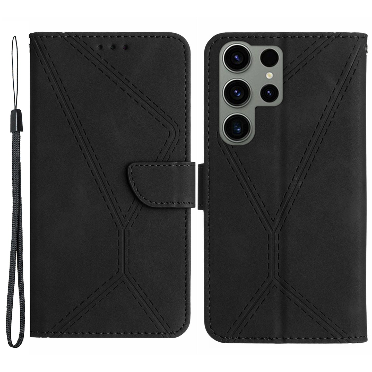 HT05 For Samsung Galaxy S23 Ultra Phone Wallet Case Imprinted Line Leather Stand Phone Cover