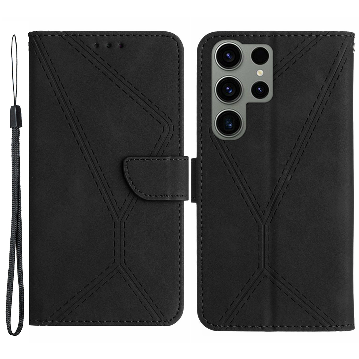HT05 For Samsung Galaxy S23 Ultra Phone Wallet Case Imprinted Line Leather Stand Phone Cover
