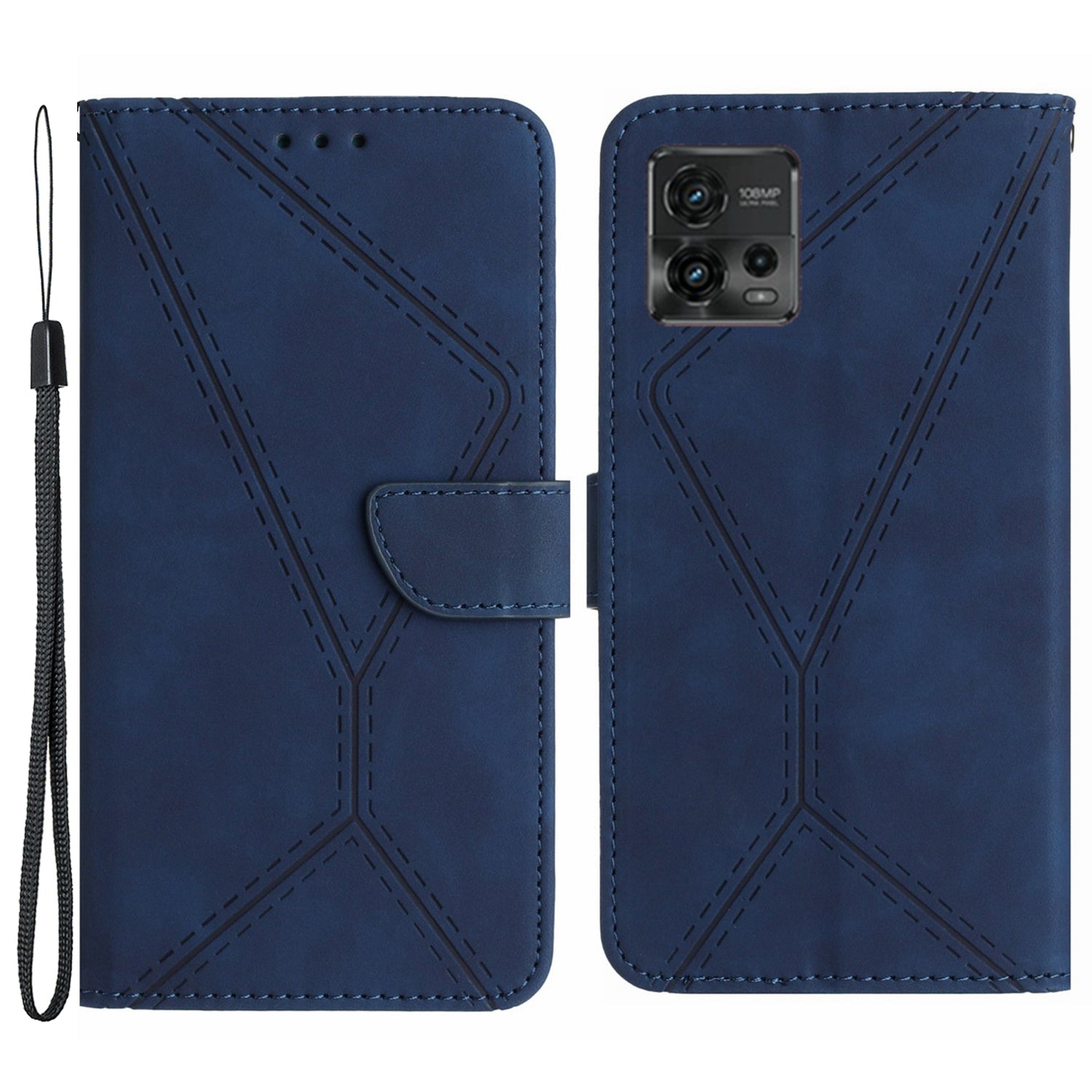 HT05 For Motorola Moto G72 4G Stand Wallet Leather Case Imprinted Line Skin-touch Phone Cover