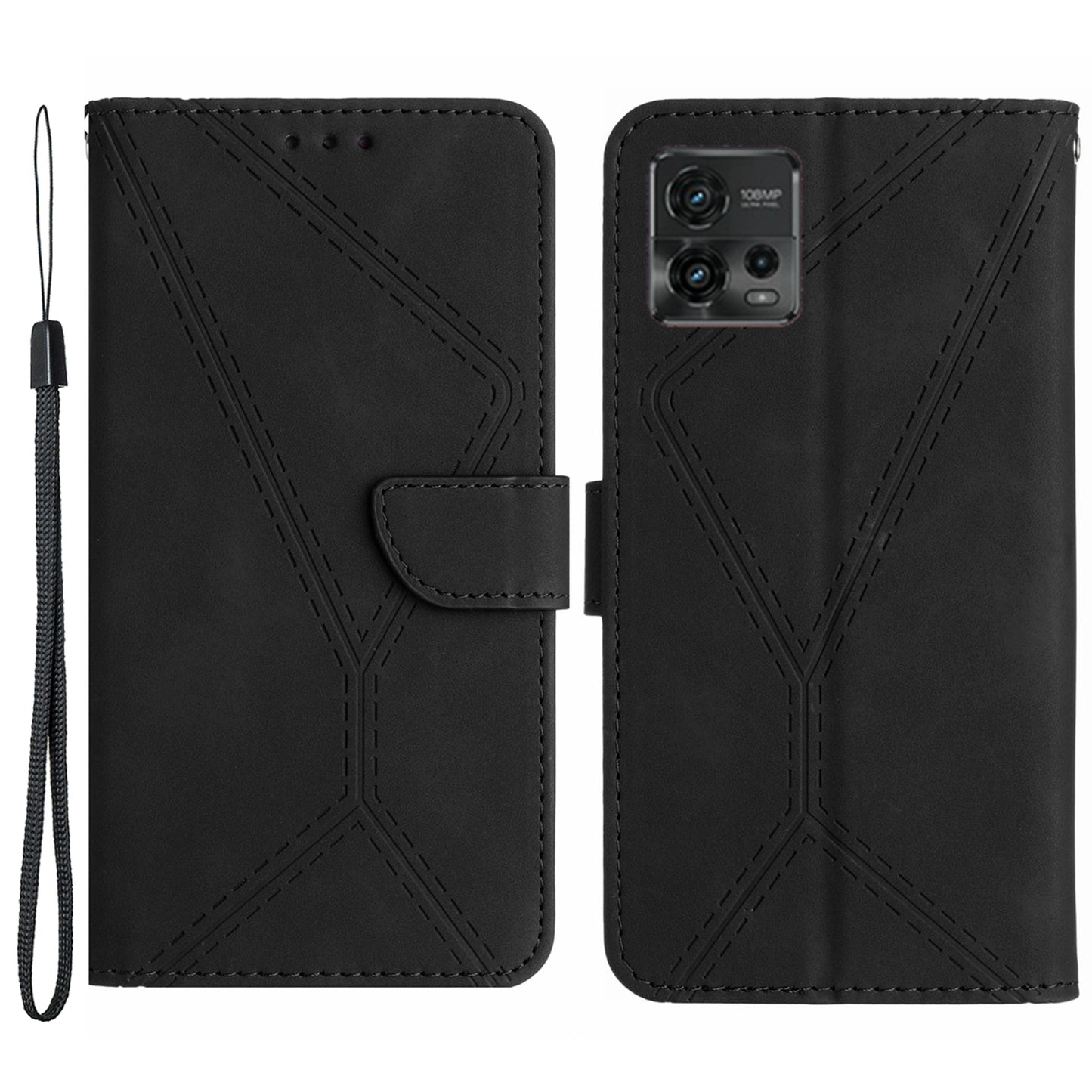 HT05 For Motorola Moto G72 4G Stand Wallet Leather Case Imprinted Line Skin-touch Phone Cover
