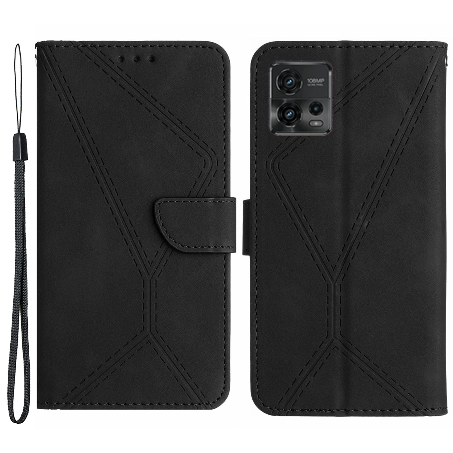 HT05 For Motorola Moto G72 4G Stand Wallet Leather Case Imprinted Line Skin-touch Phone Cover