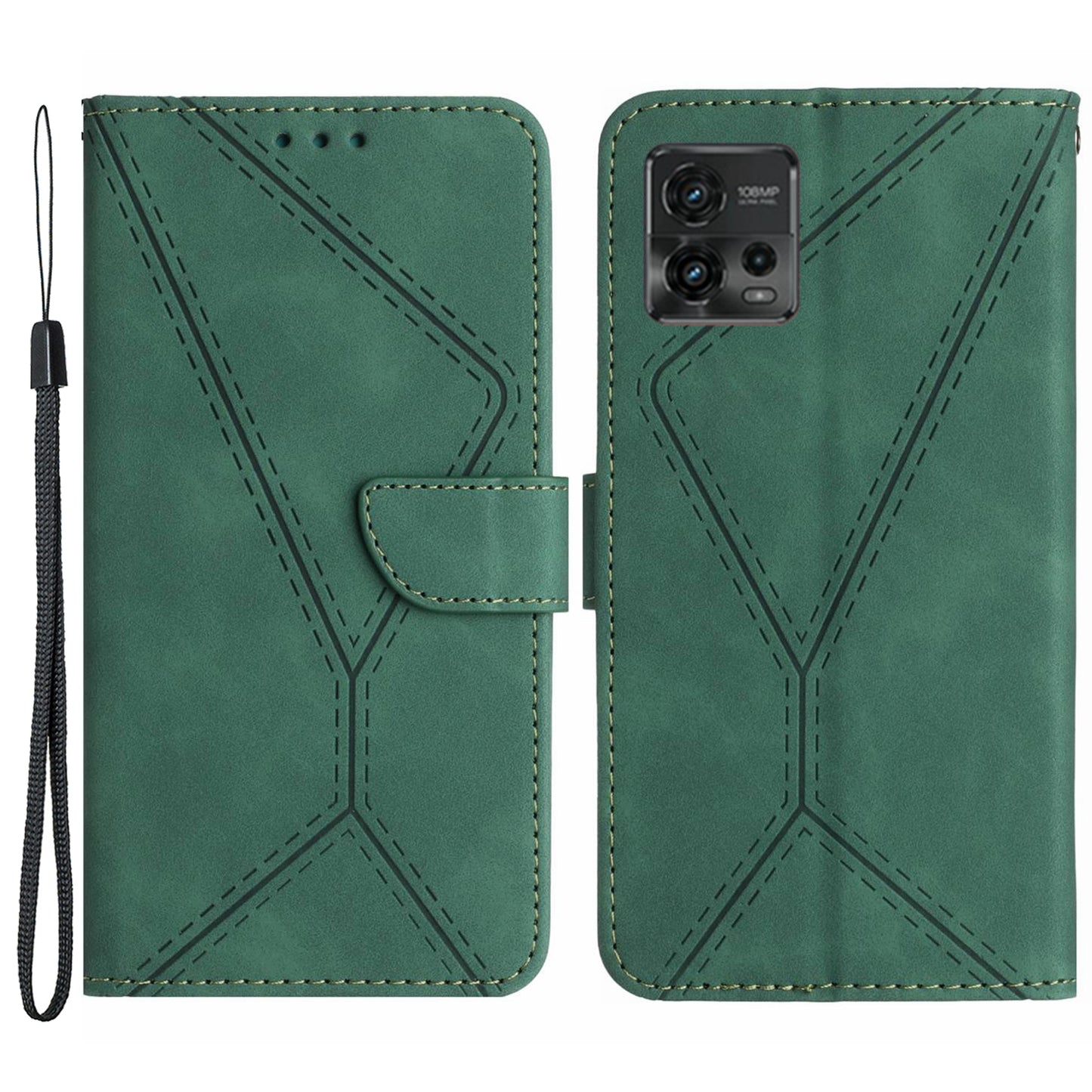 HT05 For Motorola Moto G72 4G Stand Wallet Leather Case Imprinted Line Skin-touch Phone Cover