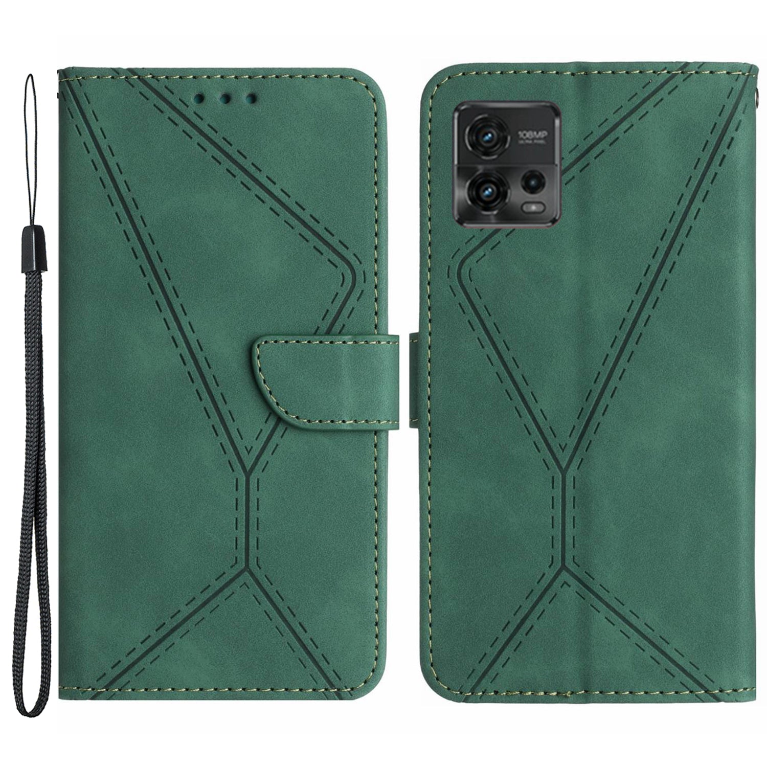 HT05 For Motorola Moto G72 4G Stand Wallet Leather Case Imprinted Line Skin-touch Phone Cover