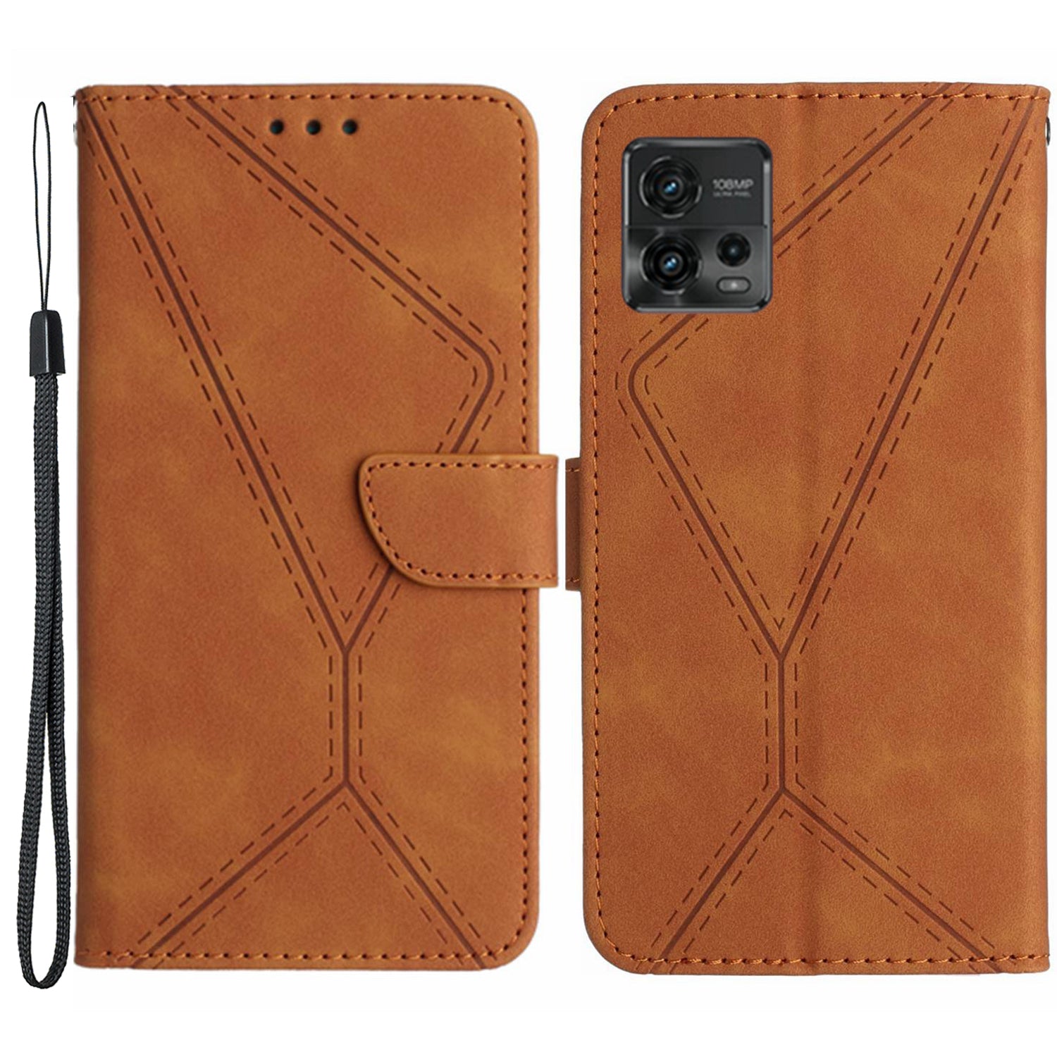 HT05 For Motorola Moto G72 4G Stand Wallet Leather Case Imprinted Line Skin-touch Phone Cover