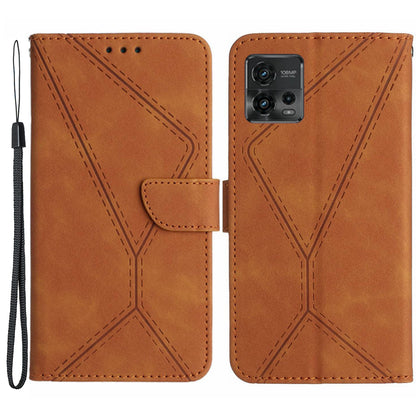 HT05 For Motorola Moto G72 4G Stand Wallet Leather Case Imprinted Line Skin-touch Phone Cover