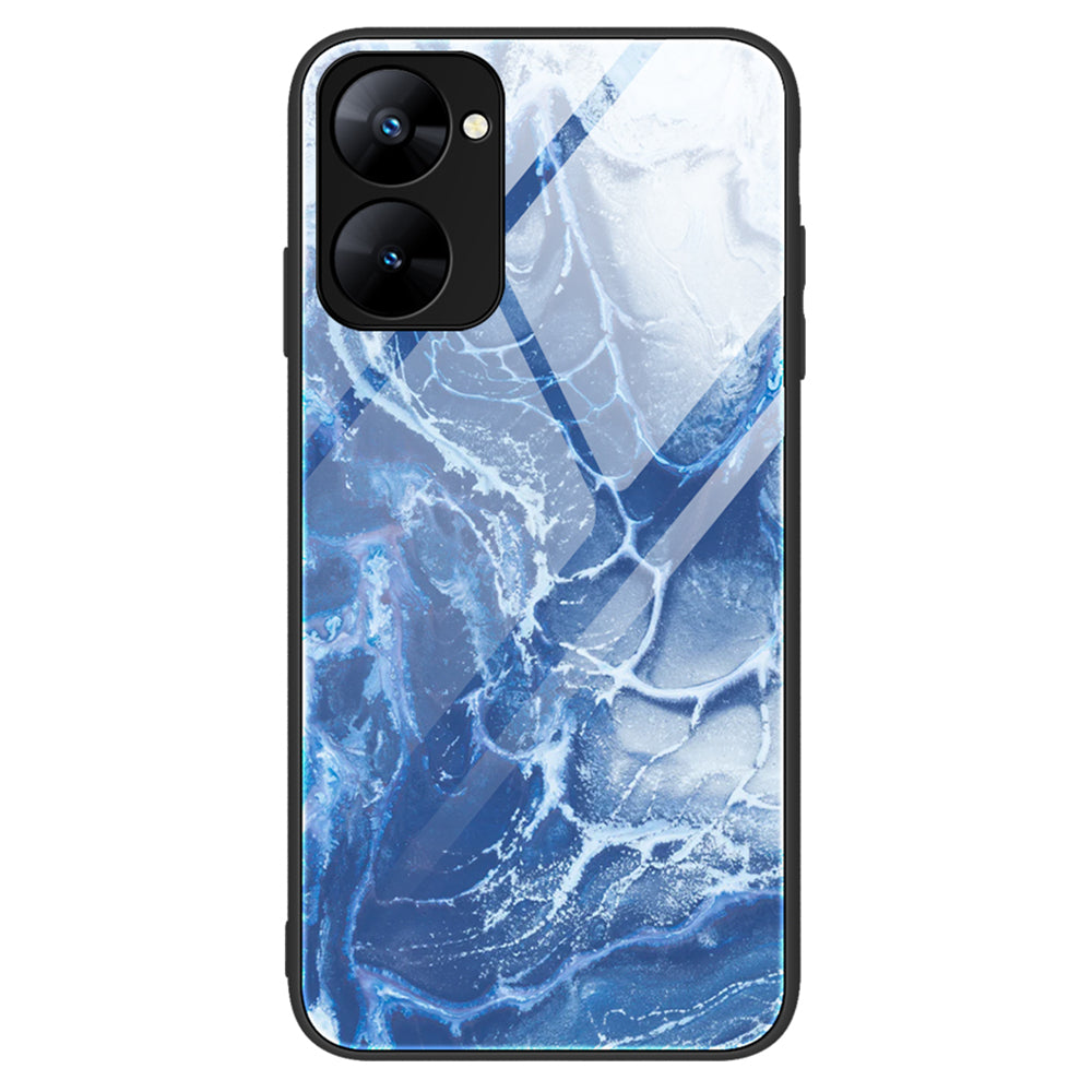 For Realme V30 5G Marble Pattern Tempered Glass Back Case Shockproof Anti-Slip PC+TPU Phone Cover