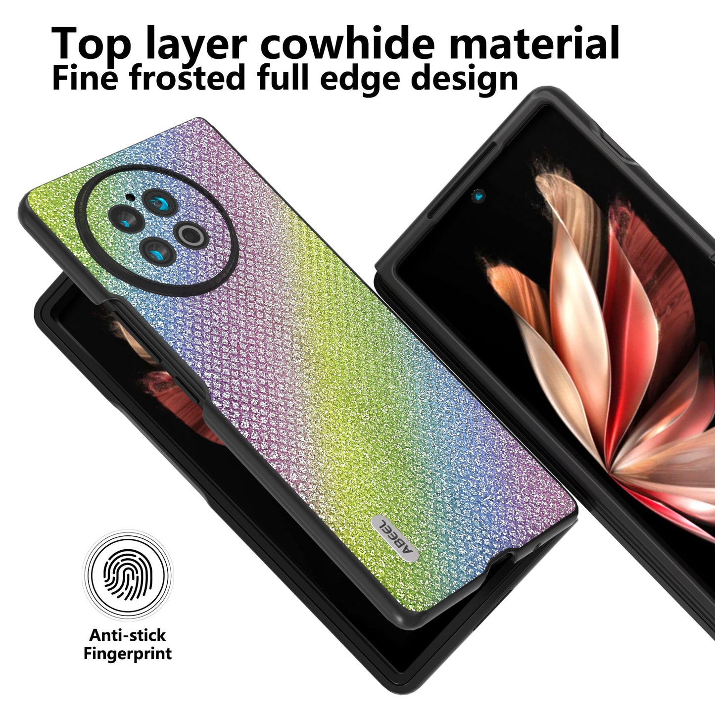 ABEEL For vivo X Fold2 Glitter Rhinestone Texture Phone Case Top-Layer Cowhide Leather+PC Cover