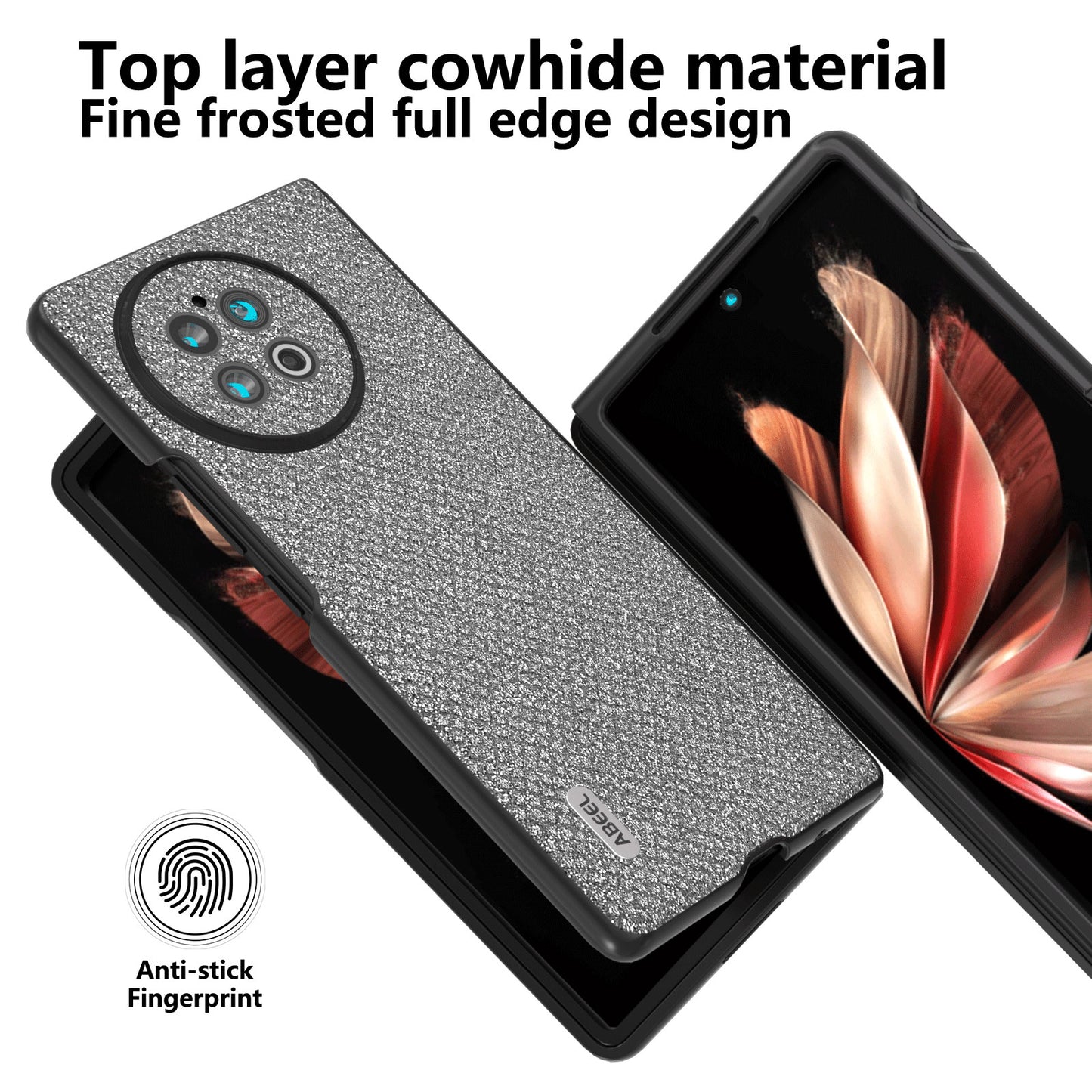 ABEEL For vivo X Fold2 Glitter Rhinestone Texture Phone Case Top-Layer Cowhide Leather+PC Cover