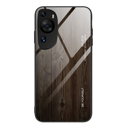 For Huawei P60 Art Wooden Pattern Phone Case Tempered Glass Back + TPU Frame Shockproof Cover
