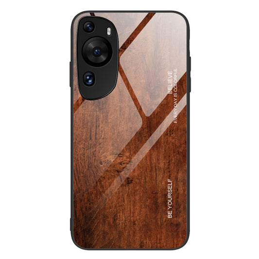 For Huawei P60 Art Wooden Pattern Phone Case Tempered Glass Back + TPU Frame Shockproof Cover