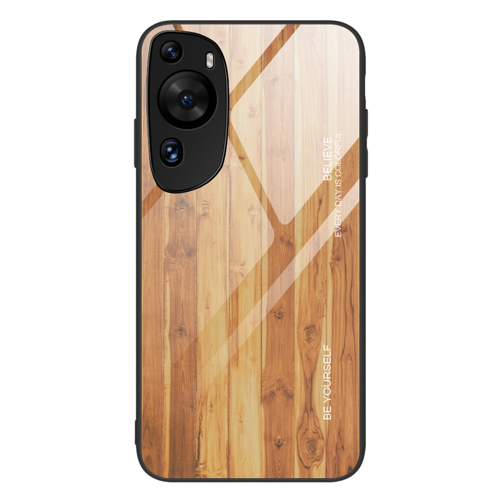 For Huawei P60 Art Wooden Pattern Phone Case Tempered Glass Back + TPU Frame Shockproof Cover