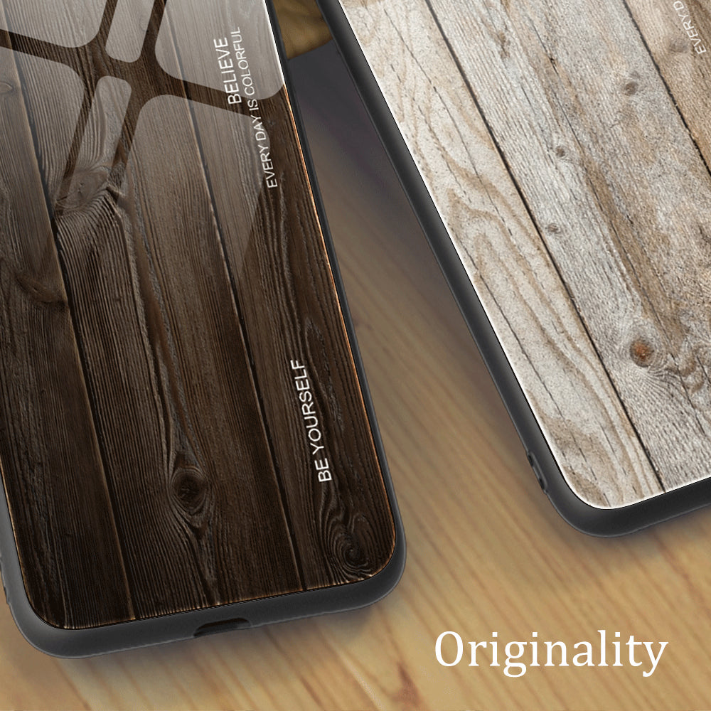 For Huawei P60 Art Wooden Pattern Phone Case Tempered Glass Back + TPU Frame Shockproof Cover