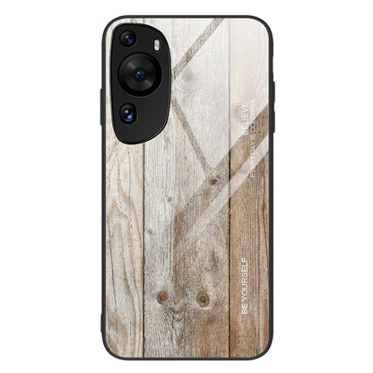 For Huawei P60 Art Wooden Pattern Phone Case Tempered Glass Back + TPU Frame Shockproof Cover