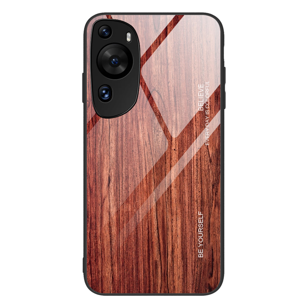 For Huawei P60 Art Wooden Pattern Phone Case Tempered Glass Back + TPU Frame Shockproof Cover