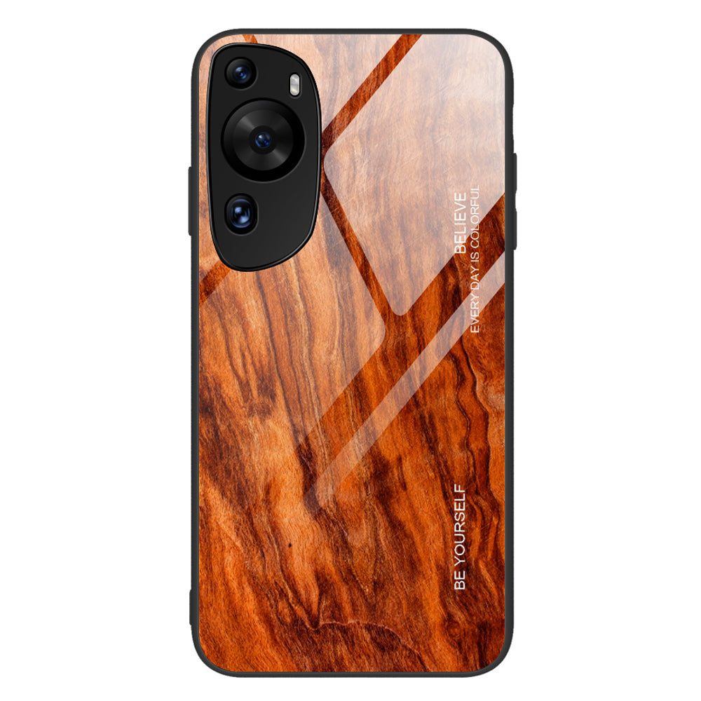 For Huawei P60 Art Wooden Pattern Phone Case Tempered Glass Back + TPU Frame Shockproof Cover