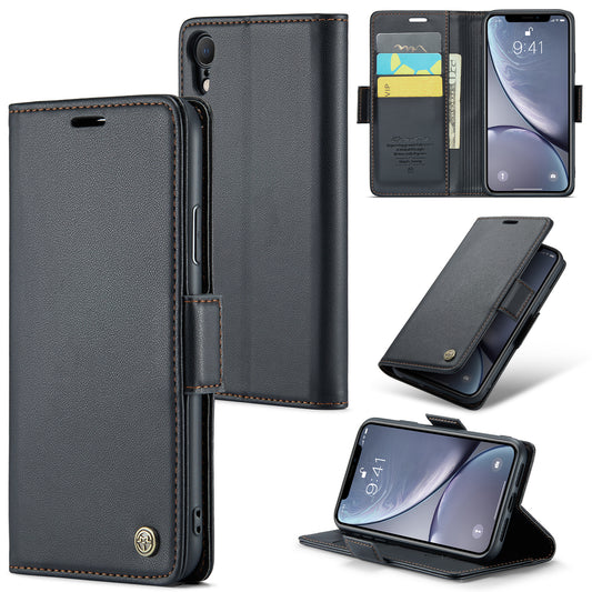CASEME 023 Series For iPhone XR 6.1 inch Litchi Texture Leather Wallet Flip Stand Case RFID Blocking Phone Cover