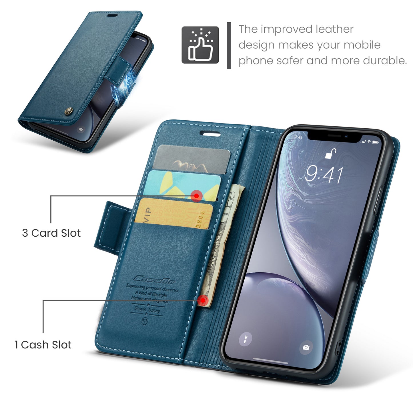 CASEME 023 Series For iPhone XR 6.1 inch Litchi Texture Leather Wallet Flip Stand Case RFID Blocking Phone Cover