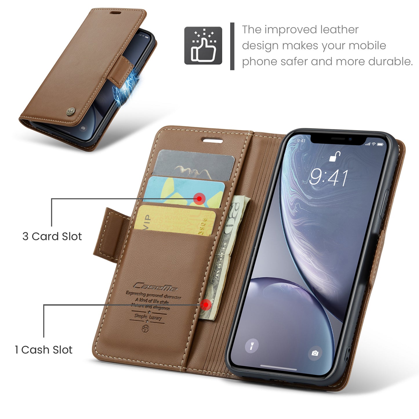 CASEME 023 Series For iPhone XR 6.1 inch Litchi Texture Leather Wallet Flip Stand Case RFID Blocking Phone Cover