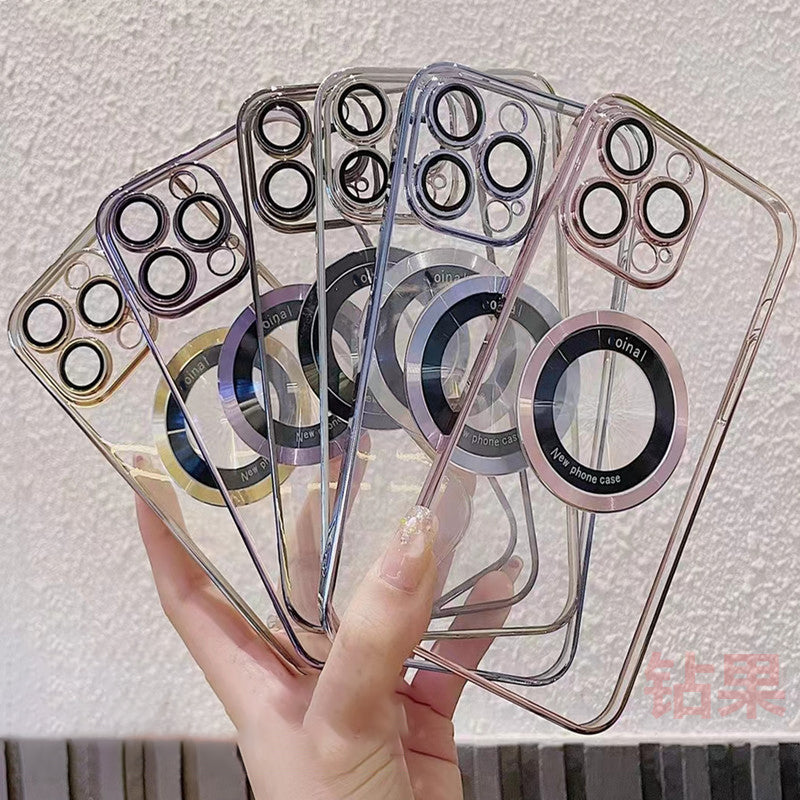 For iPhone 13 Pro Max Magnetic Phone Case Electroplating Clear PC Cover with Acrylic Logo Magnifier Design